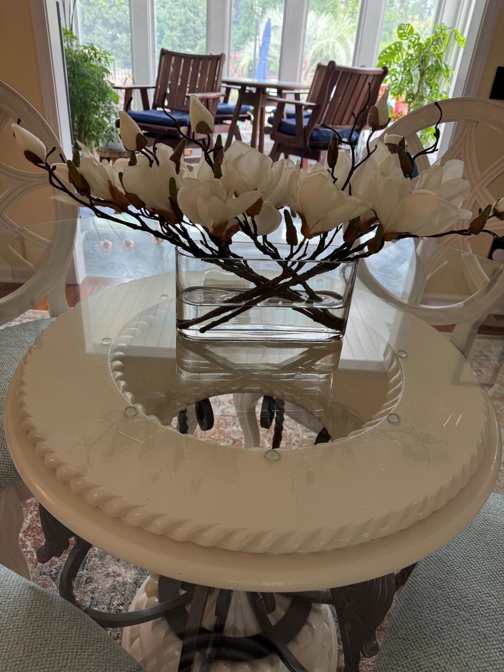 White Magnolia Blossom Branch Centerpiece Water Illusion Arrangement in Oval Pocket Vase