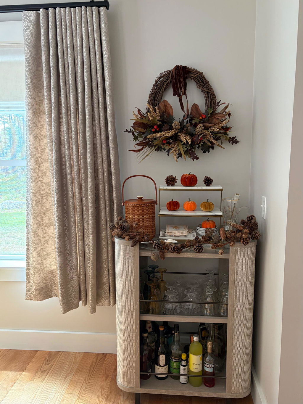 Earthtone Elegance - Oak Leaf with Acorns, Okra & Dried Astilbe Asymmetric Fall Front Door Wreath with Velvet Ribbon Bow
