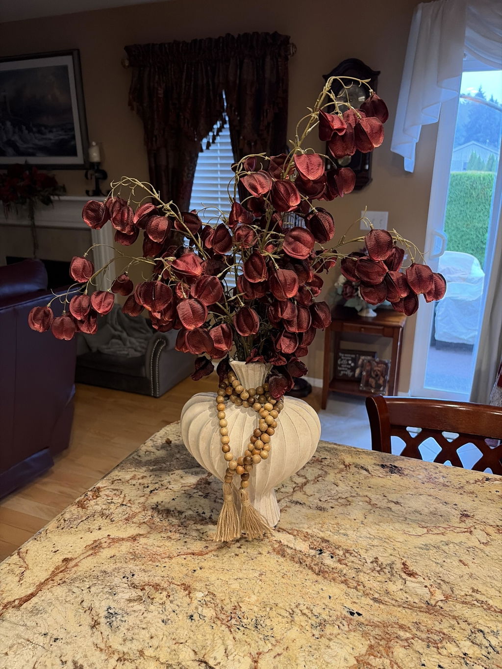 Burgundy Chinese Lanterns Tree Branch Pods Faux Floral Stem Spray - 38"