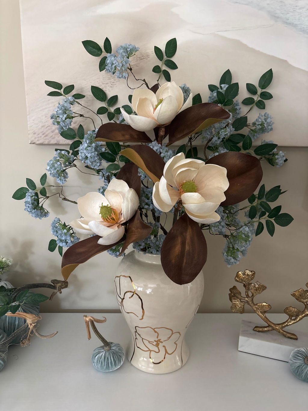 Real Touch Fall Brown Small Magnolia Bloom 24" Single Stem or Bundle of 3