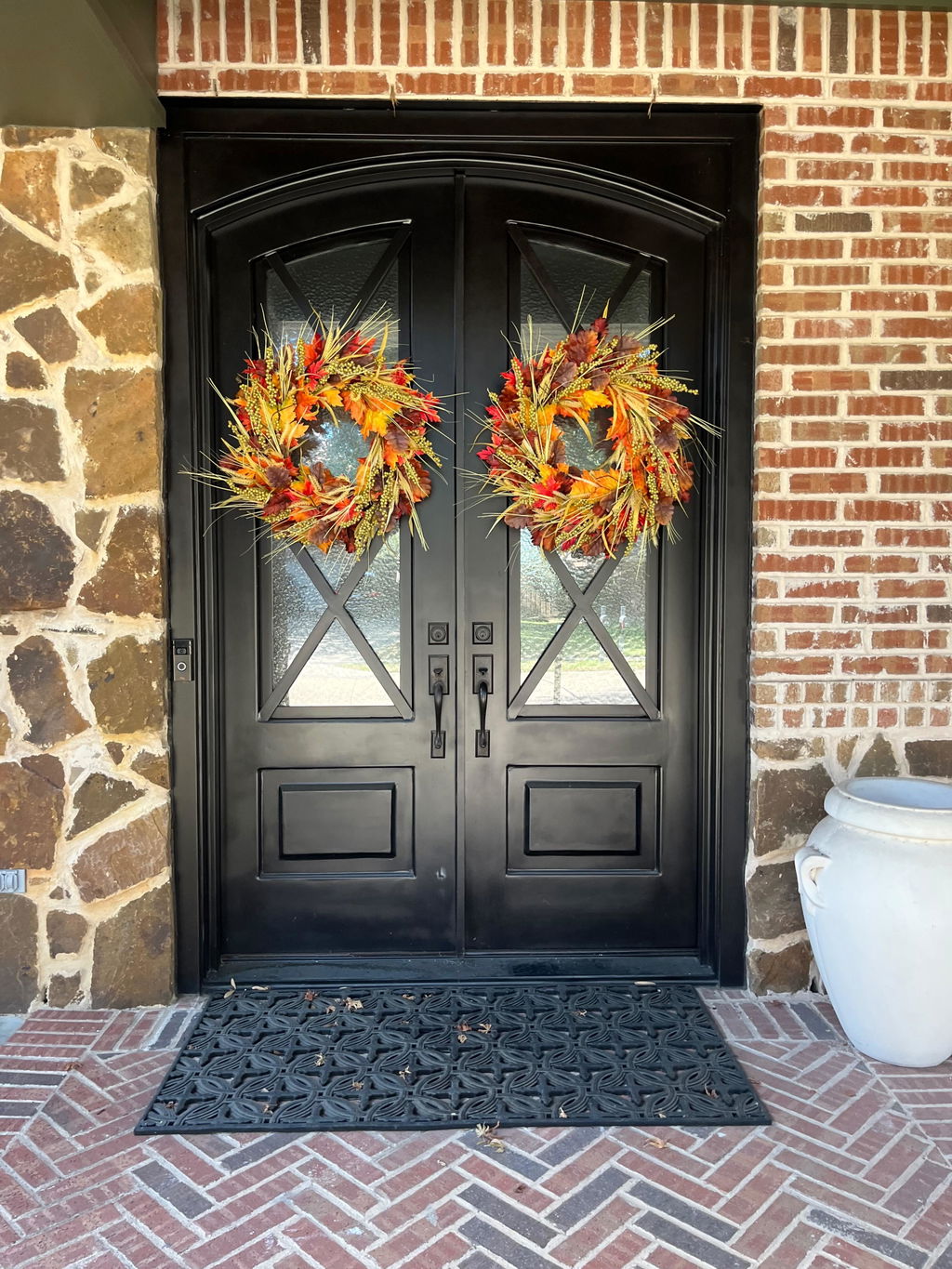 Fall Medley - Red Orange Maple Leaf, Brown Oak Leaf, Green Cluster Berry & Wheat Grass Fall Front Door Wreath