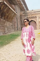 Pink and White Floral Block Print Kurta Set