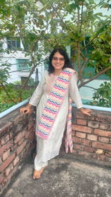 Off-White Embroidery Work Kurta, Trousers, and Dupatta Set