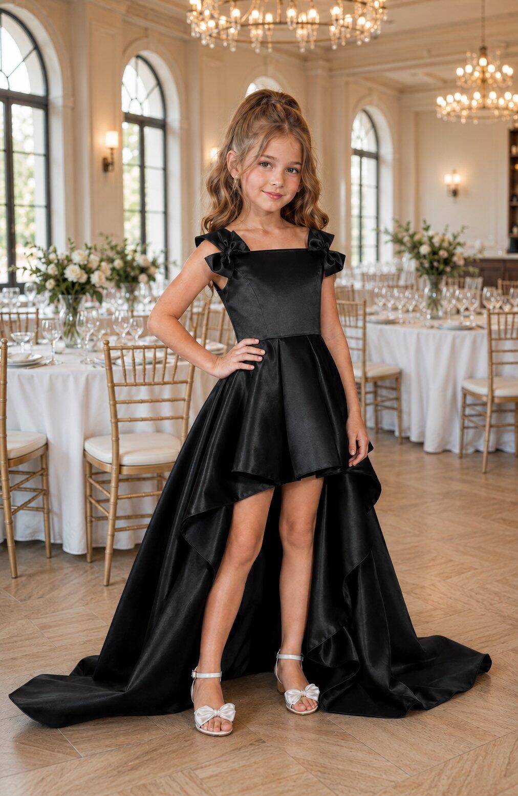 Dideyttawl Girls Formal Dress with Shoulder Bows and High-Low Satin Skirt