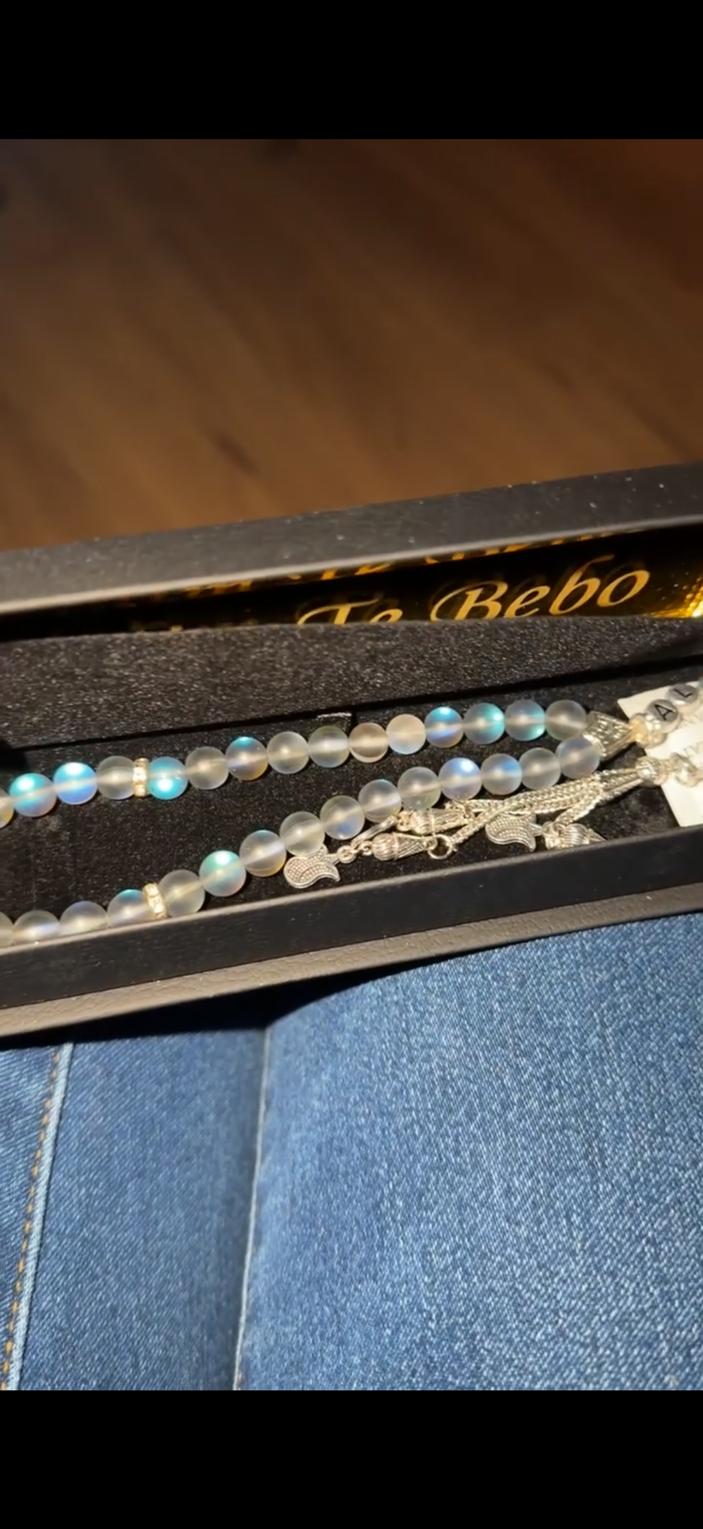 Tesbih mit Name + BOX mit Wunschtext - Shiny Pearls (Blue/Silver/White)