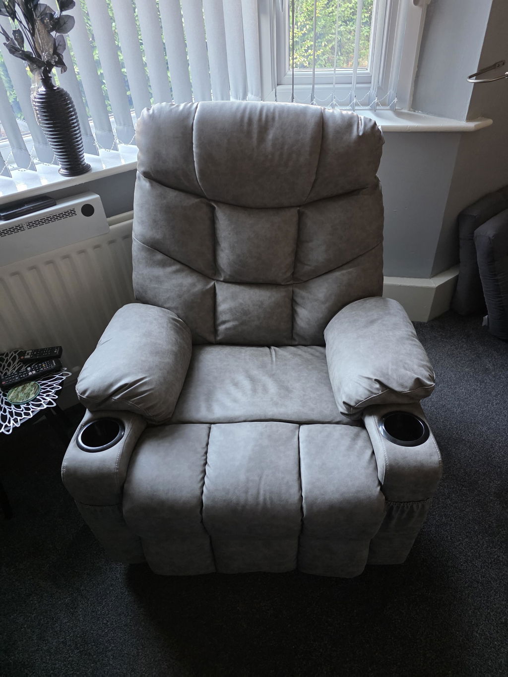 Manual Recliner Armchair with Footrest, Cup Holders & Faux Leather, 86x93x102cm - Grey