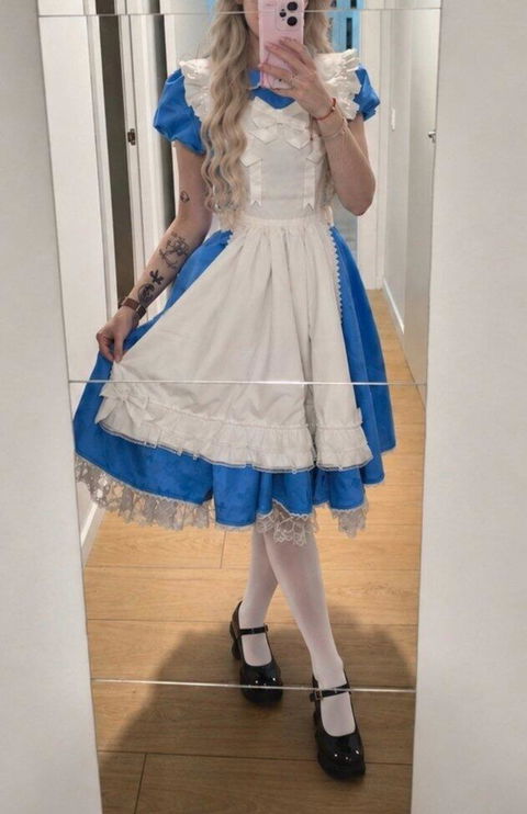 【Size S-3XL】DokiDoki-SR Anime Movie Cosplay Aliiceee Costume Blue Dress Maid Cute Halloween