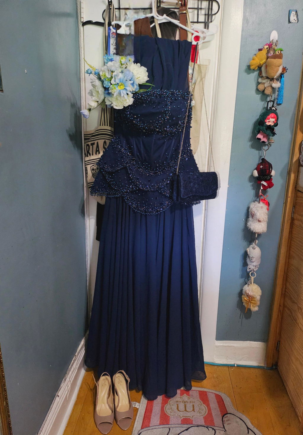 Luxury Pearls Tassel Blue Evening Dress with Flowing Coat SS286