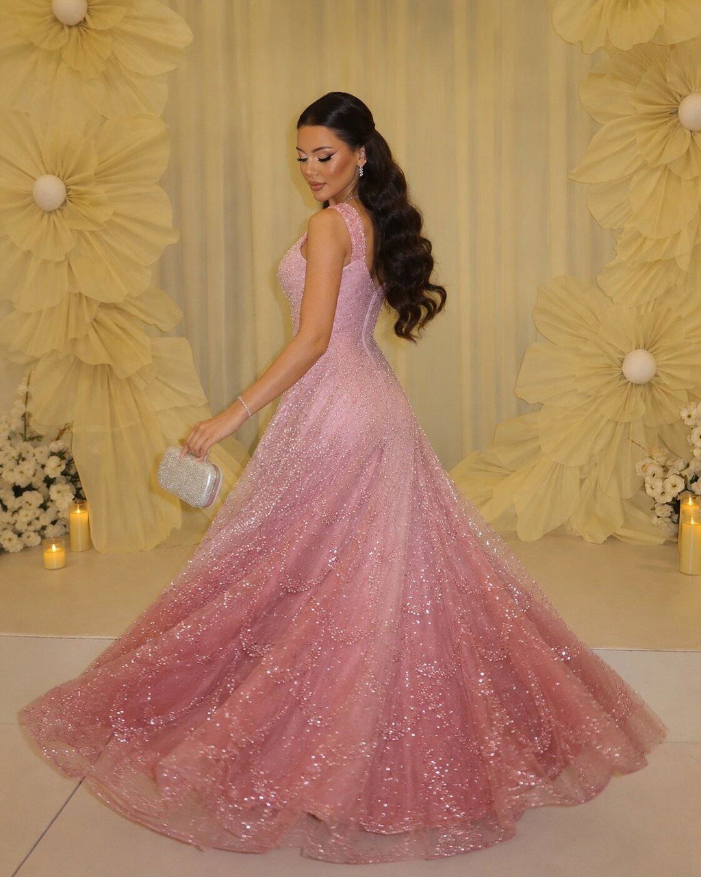Elegant Gradient Pink Beaded Sequin Halter Prom Dress SS709