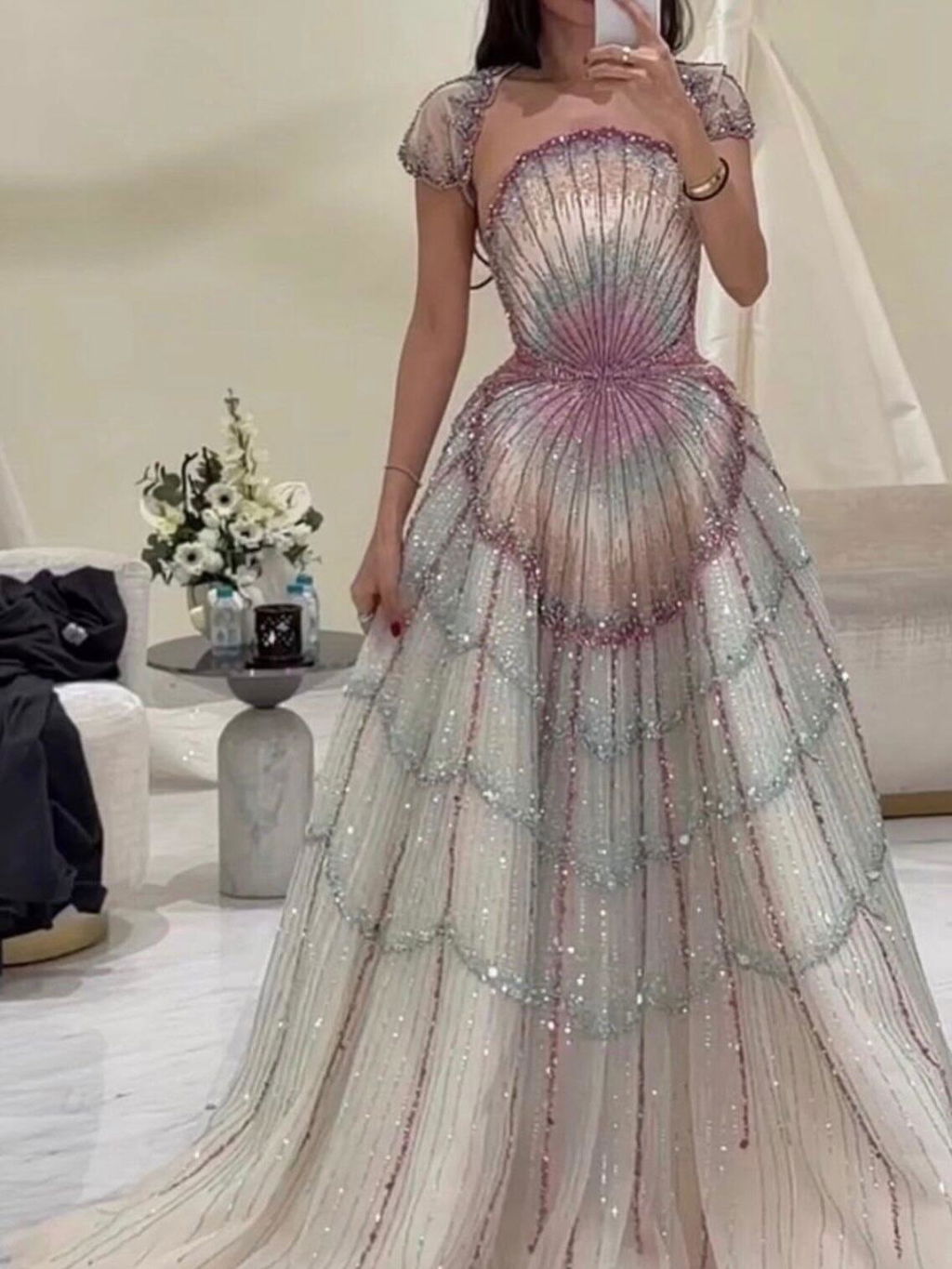 Luxury Shell Inspired Beaded Evening Dress with Layered Glitter Tulle SS296