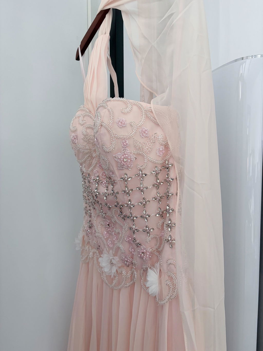 Elegant Blush Pink Beaded Evening Dress with Cape SS285