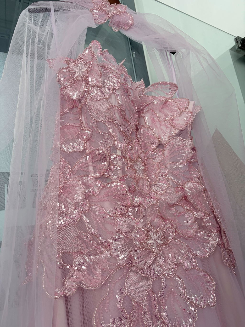 Romantic Pink Strapless Evening Dress with 3D Floral Bodice and Scarf SS239
