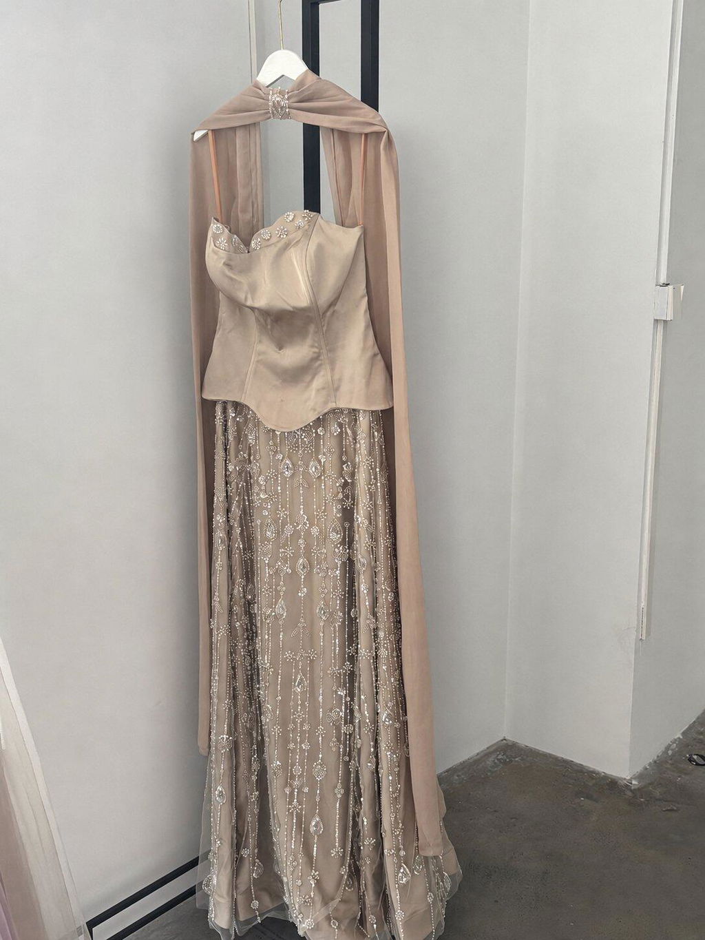 Luxury Sage Green Strapless Beaded Evening Gown with Scarf SS627