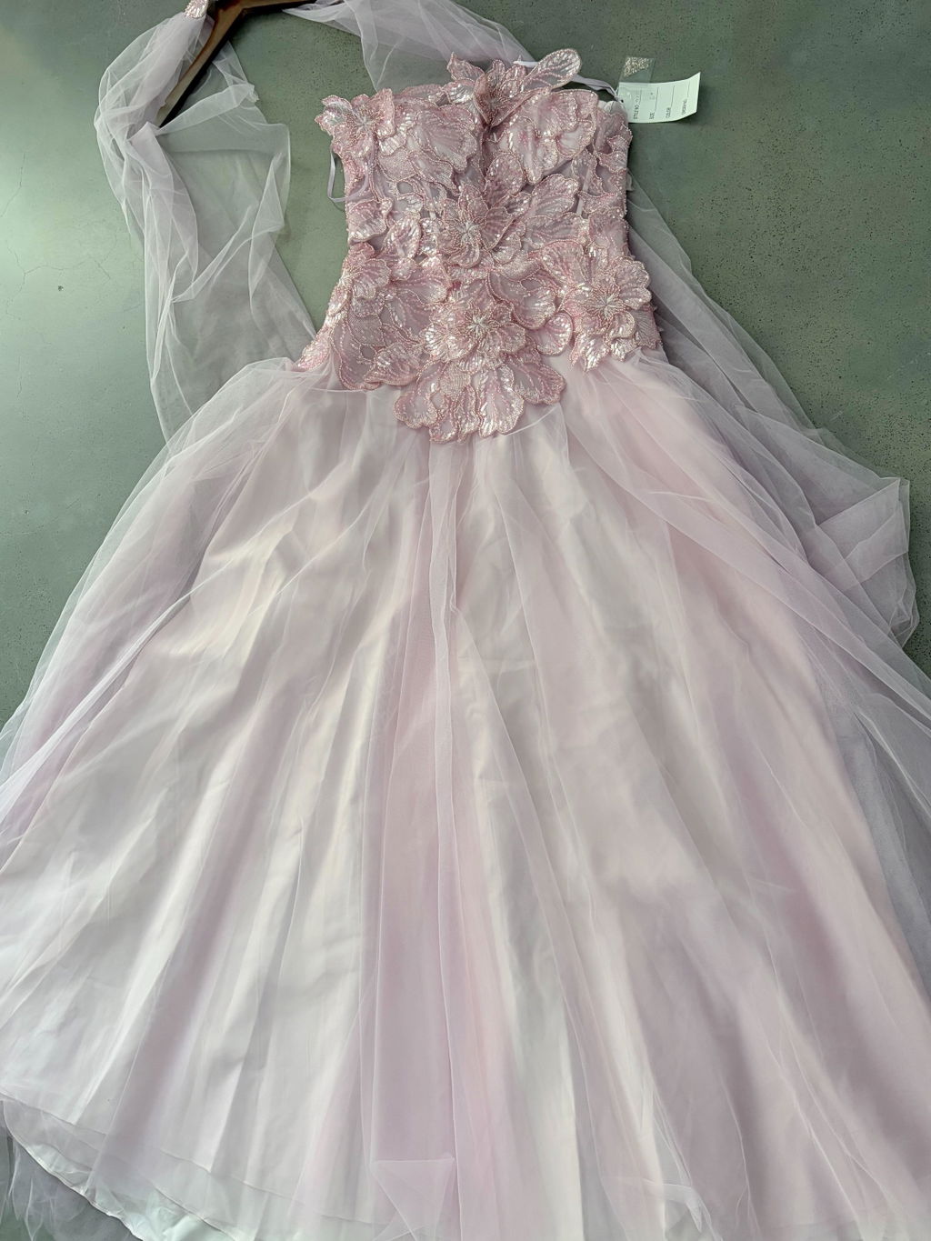 Romantic Pink Strapless Evening Dress with 3D Floral Bodice and Scarf SS239