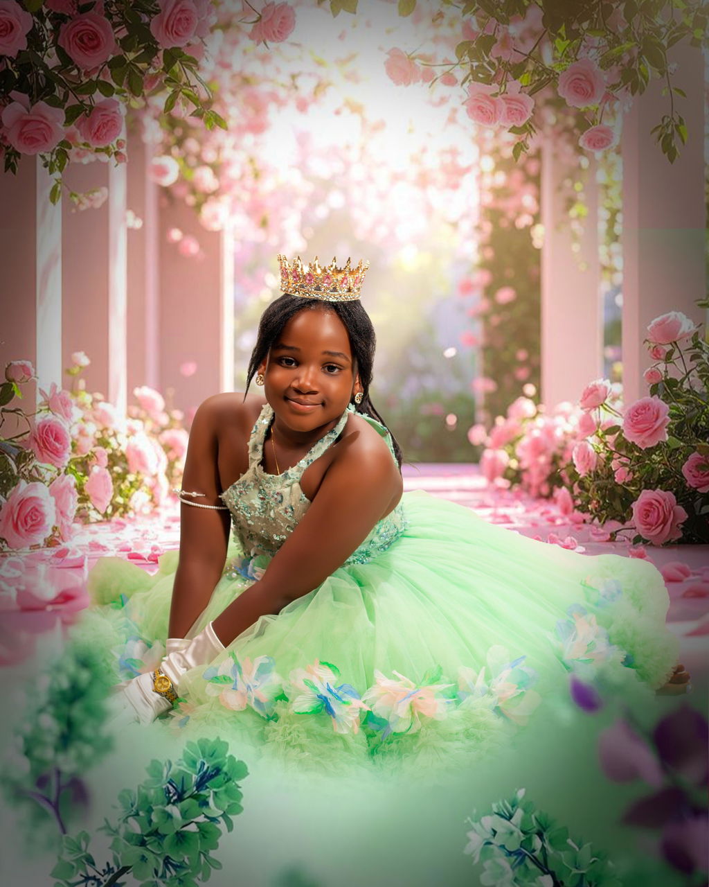 Sparkly Sage Green Princess Dress for Girls 3D Floral Party Dress J873B