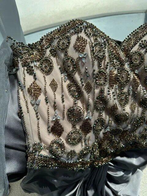 Luxury Gray Crystal Beaded Evening Dress with Draped Sheer Cape SS564
