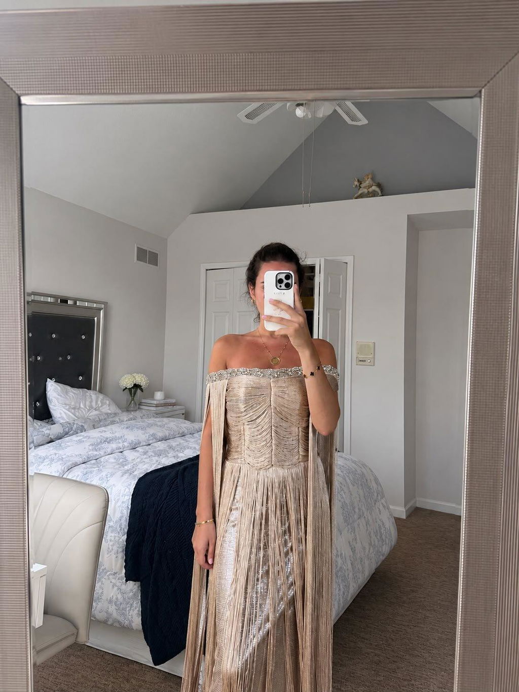 Luxury Gold Fringe Sequin Off-Shoulder Evening Gown with Cape Sleeves SS232