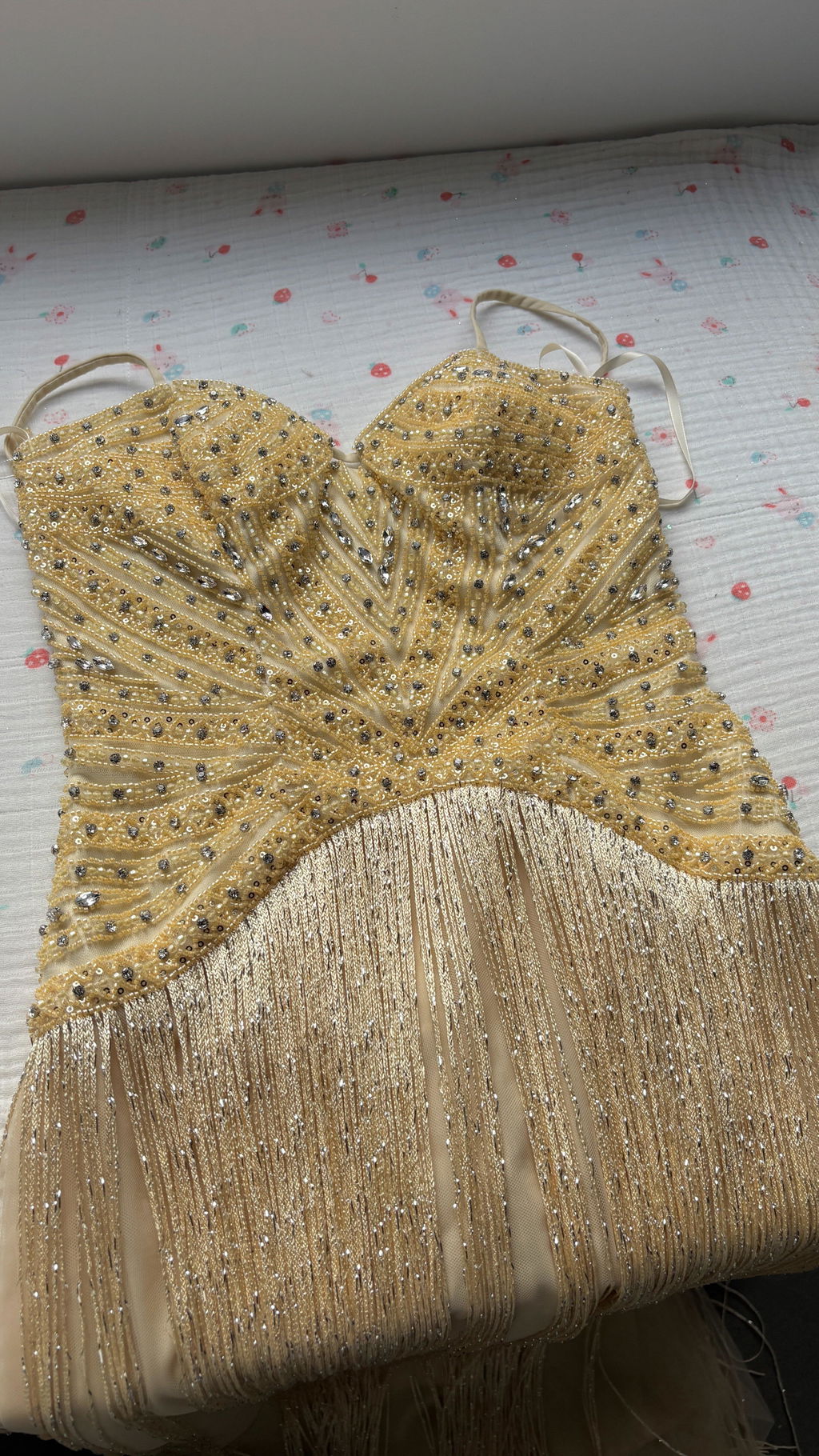 Luxury Yellow Beaded Fringe Evening Dress with Spaghetti Straps SS522