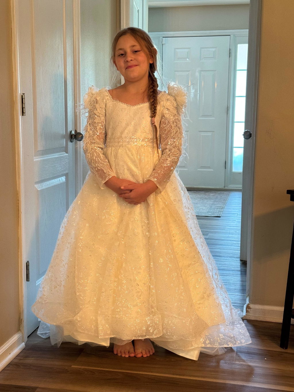 Luxury Champagne Girl Dress Feathers Lace Bow Princess Kids J260