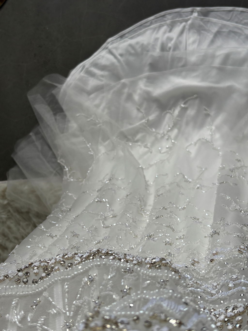 Luxury White Beaded Strapless Evening Dress with Flowing Cape SS508