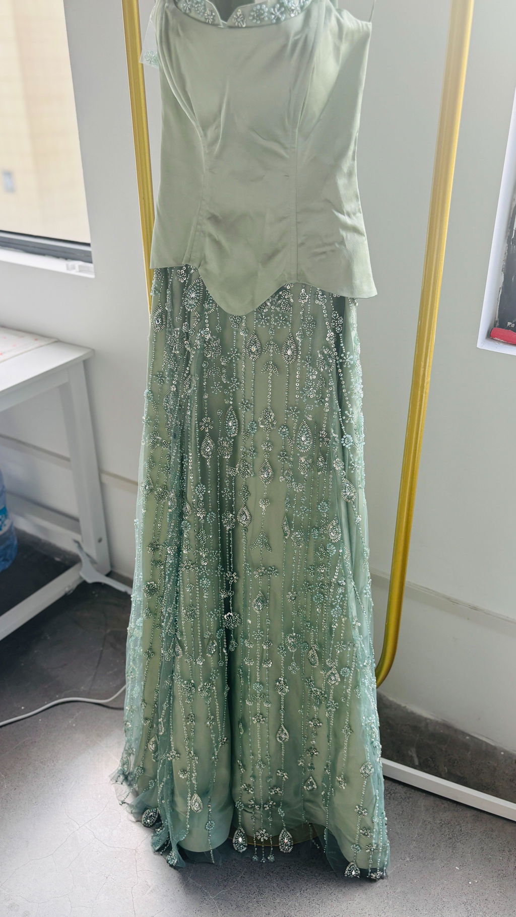 Luxury Sage Green Strapless Beaded Evening Gown with Scarf SS627