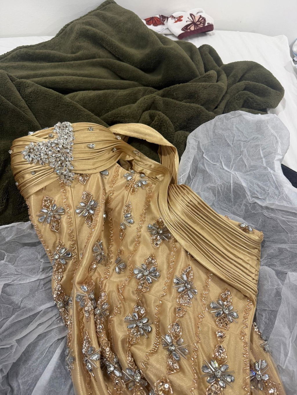 Royal Gold Crystal Beaded Evening Dress with Draped Shoulder SS217