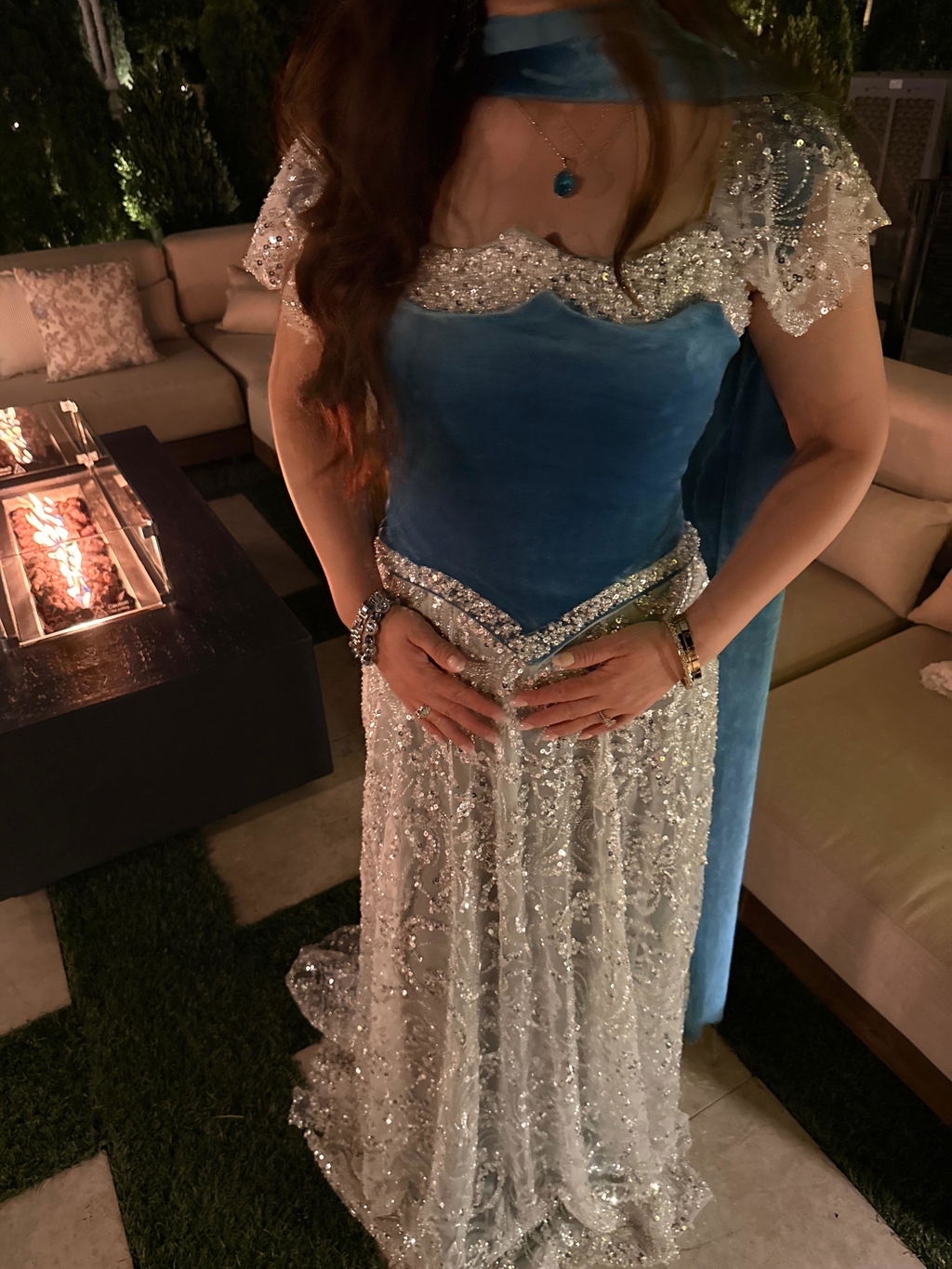Luxury Blue Velvet Beaded Two Piece Evening Dress with Scarf SS793