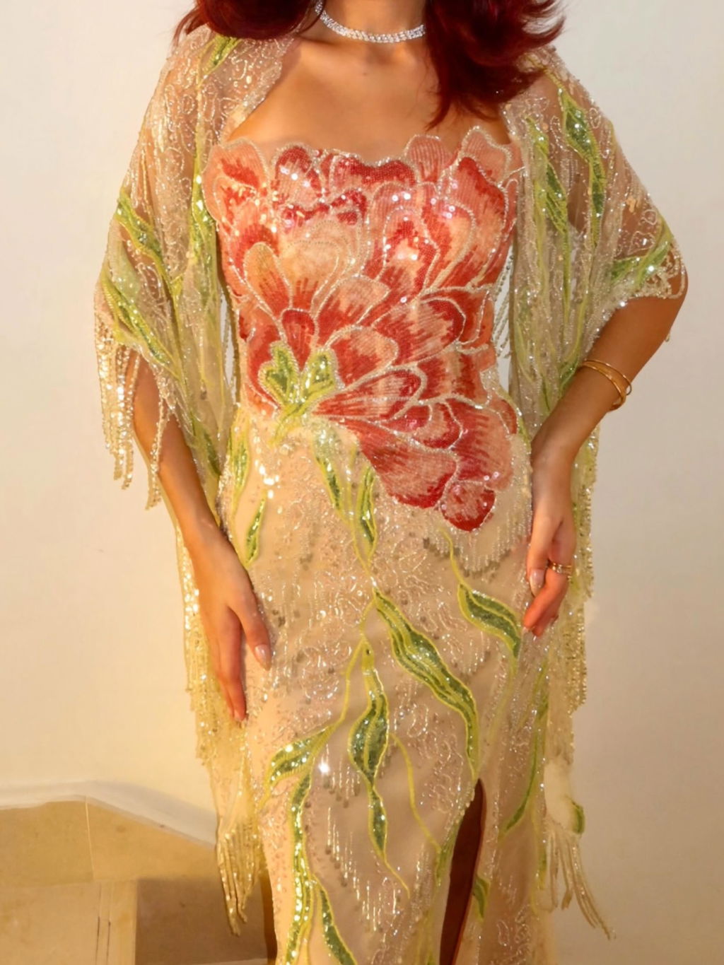 Luxury Floral Crystal Evening Dress with Shawl Slit SS396
