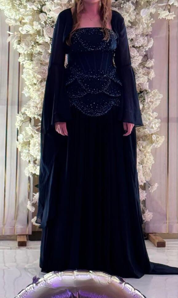 Luxury Pearls Tassel Blue Evening Dress with Flowing Coat SS286