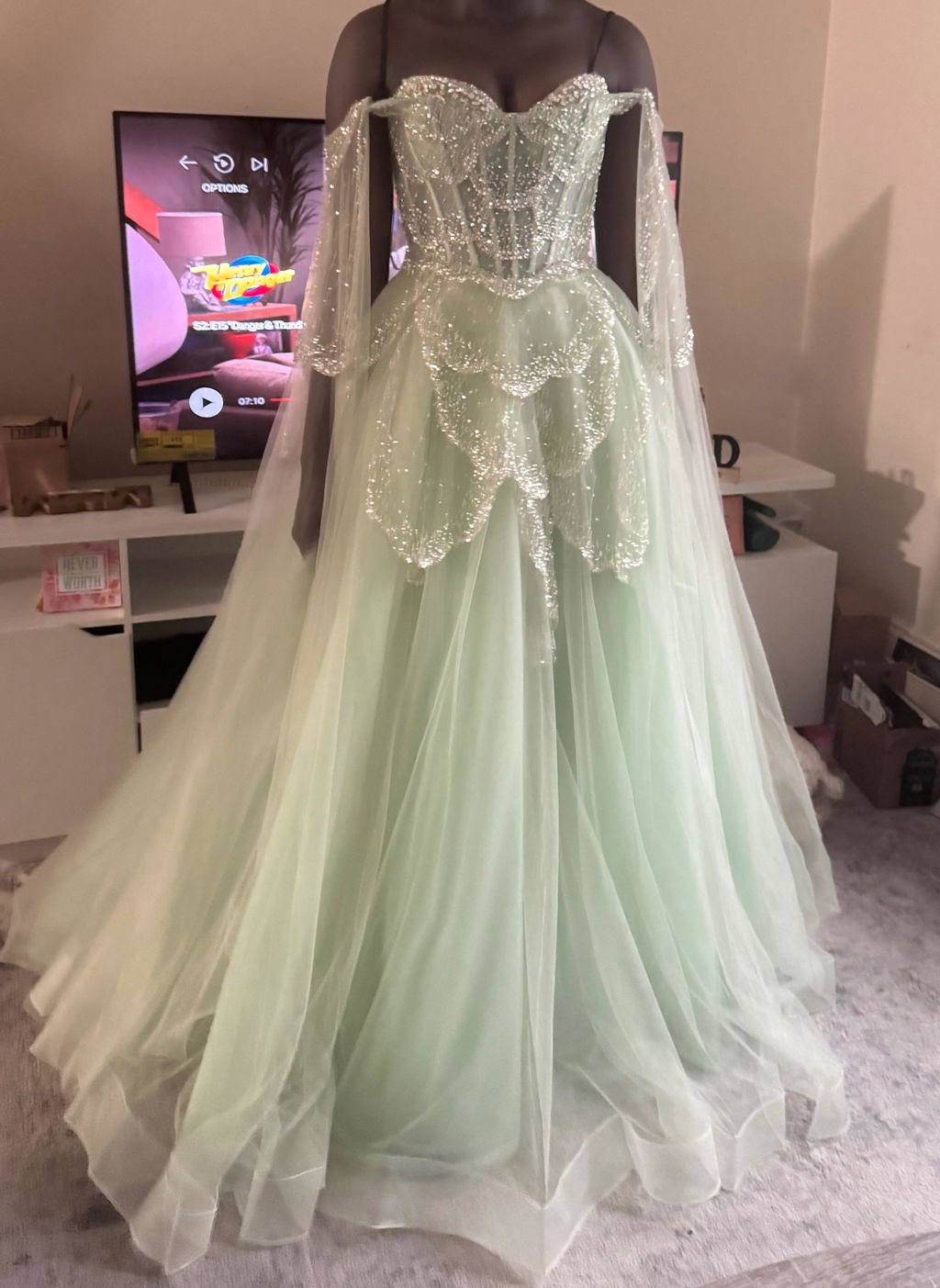 Elegant Off Shoulder Sage Green Evening Dress with Cape Sleeves SS215