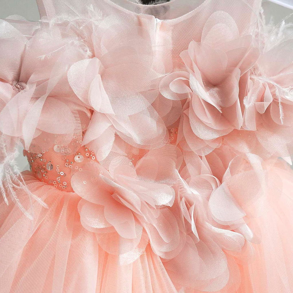Romantic Pink Flower Girl Dress with Feather Details Fluffy Layered Tulle Kids Birthday Party Wedding Gown D284