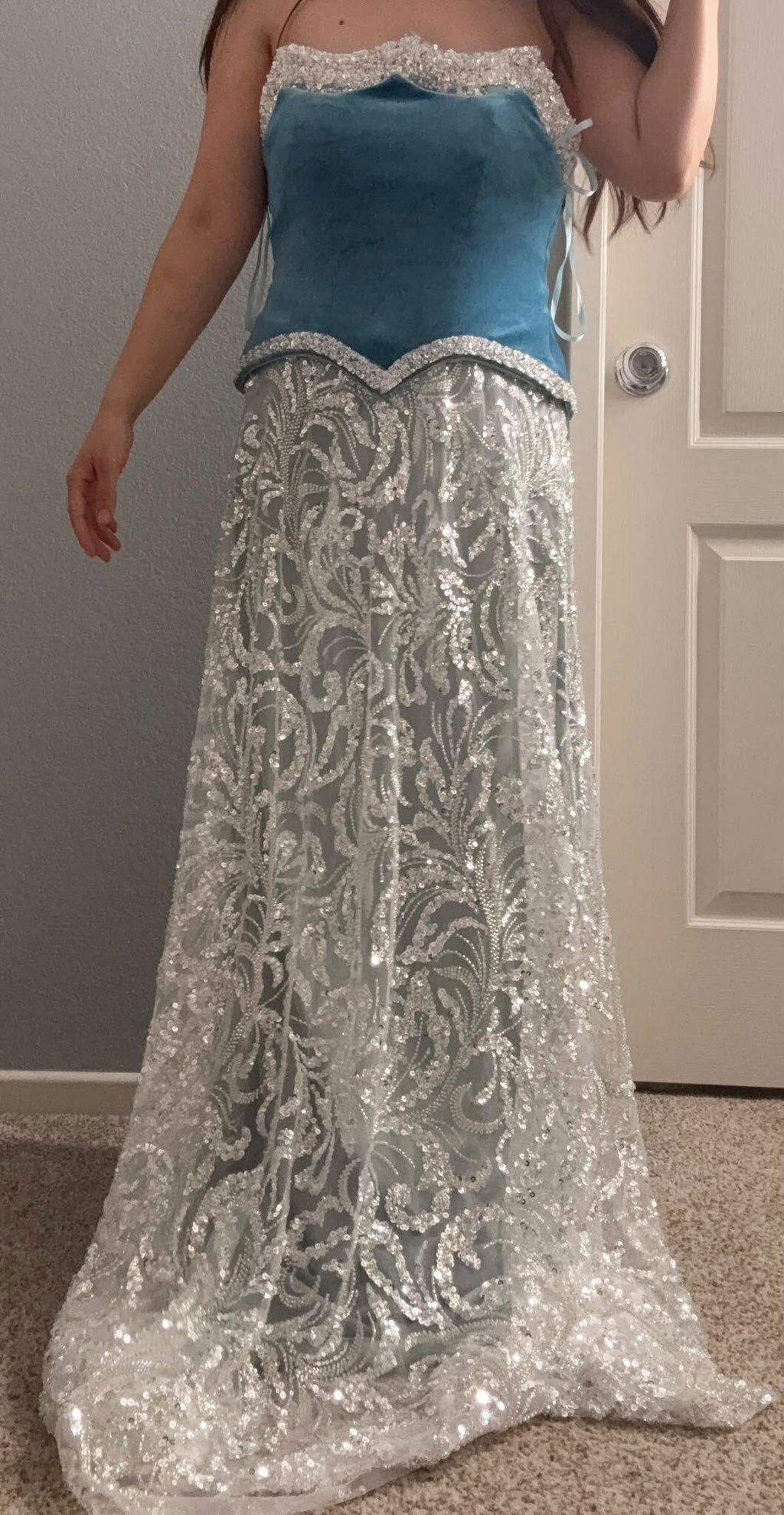Luxury Blue Velvet Beaded Two Piece Evening Dress with Scarf SS793
