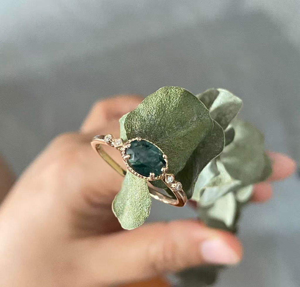 Verdelia - Oval Moss Agate Vintage Milgrain Engagement Ring