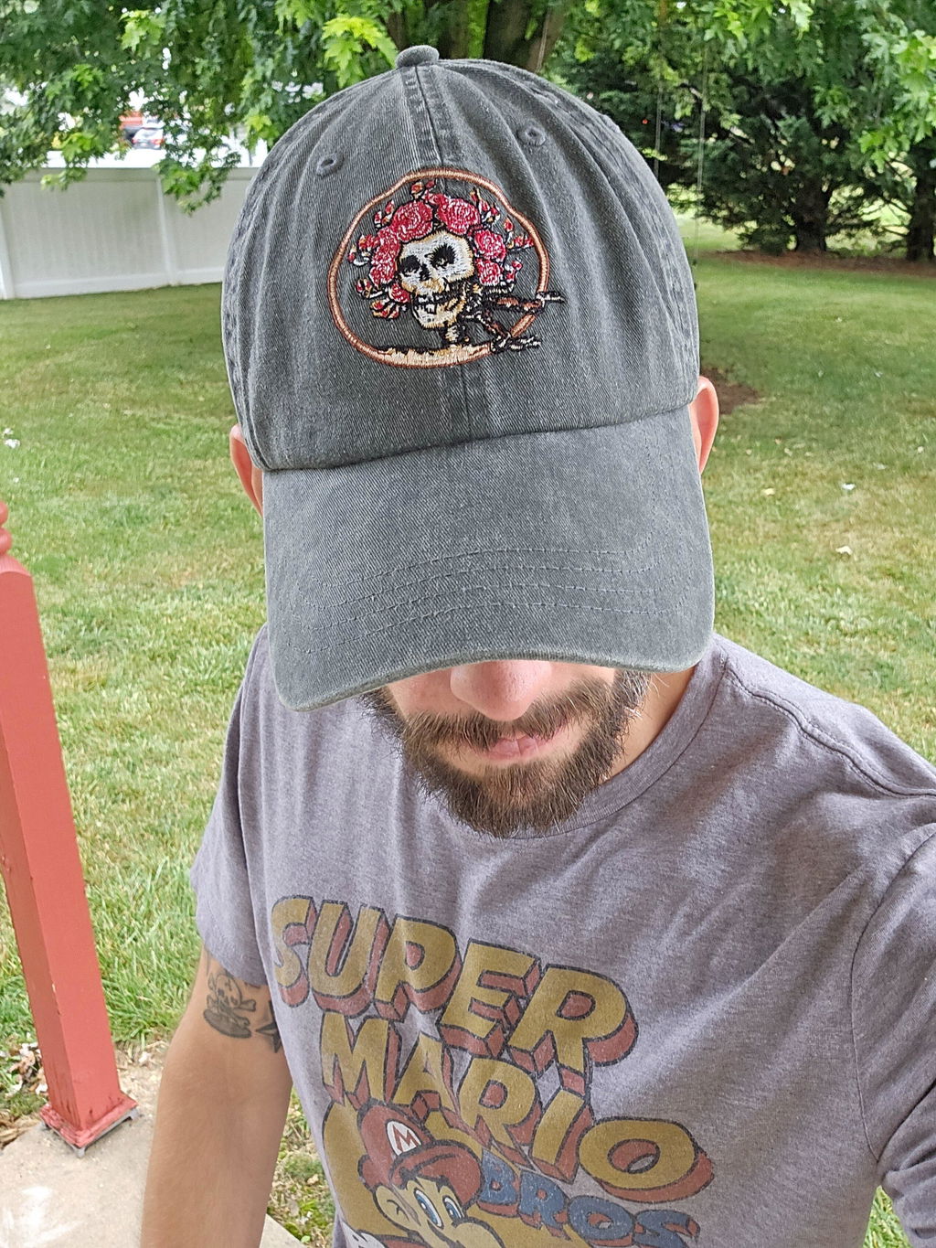 Skull and Roses Embroidered Baseball Hat on Grey