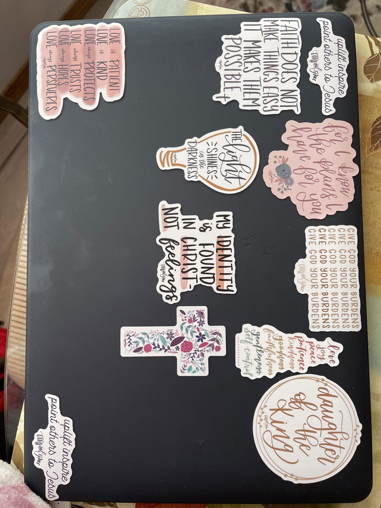 Customer photo of Sticker Pack- Give God Your Burdens, For I know the Plans I have for You, The Light Shines in the Darkness, Faith doesn't make things easy, Jewel Tone Cross