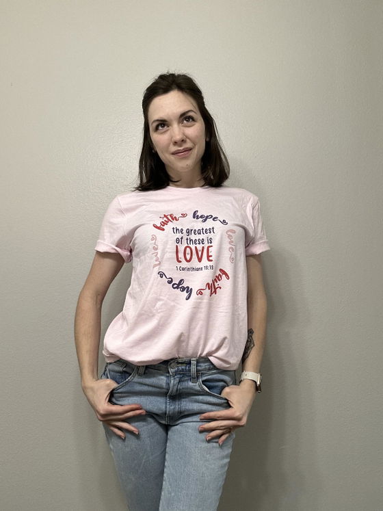 Customer photo of Greatest of These is Love Multicolor Unisex Shirt from Elke Fallas