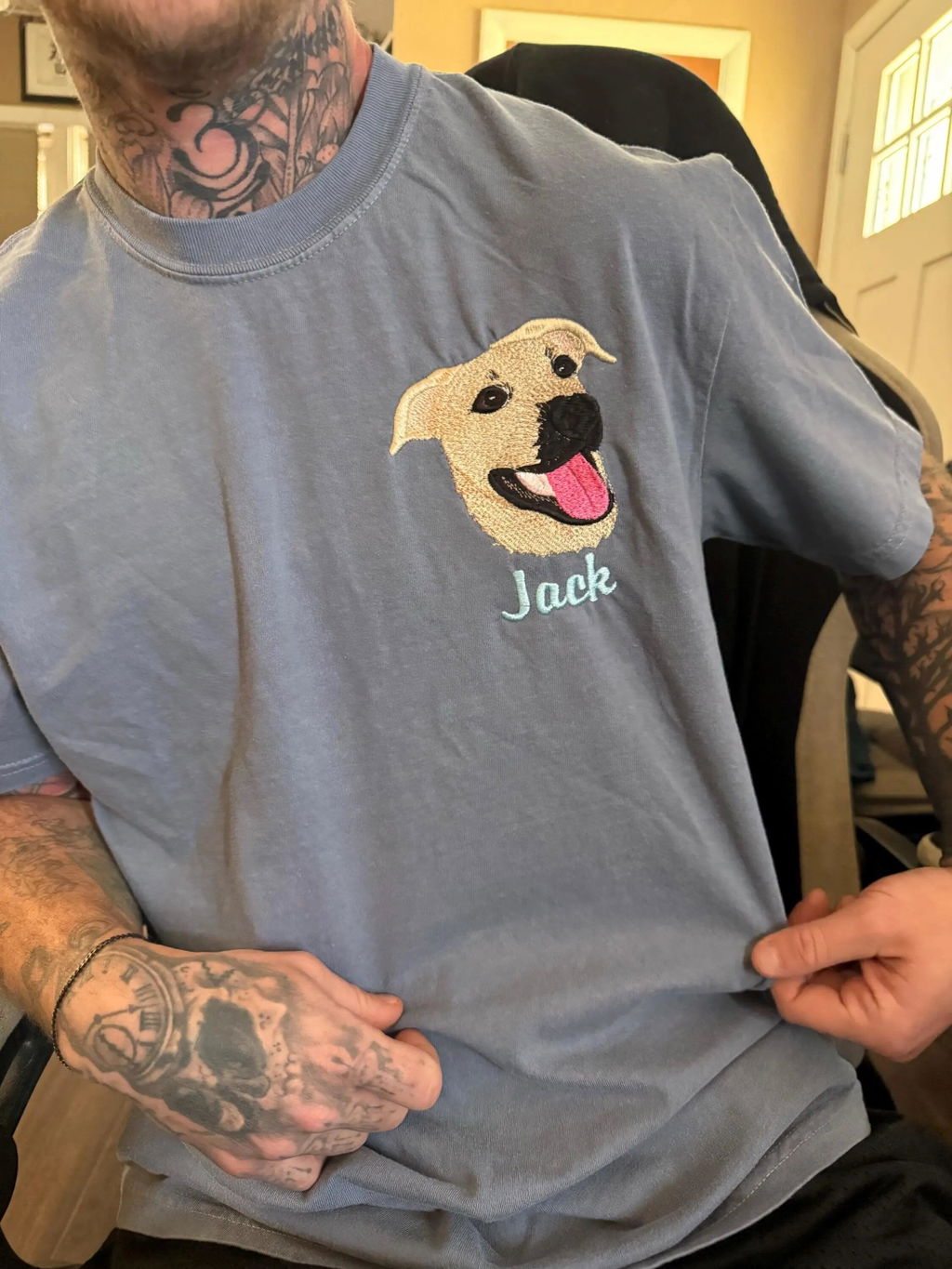 Custom Dog Portrait T-shirt for Birthday Son - Embroidered Pet Photo Tee & Name - Gift for Him