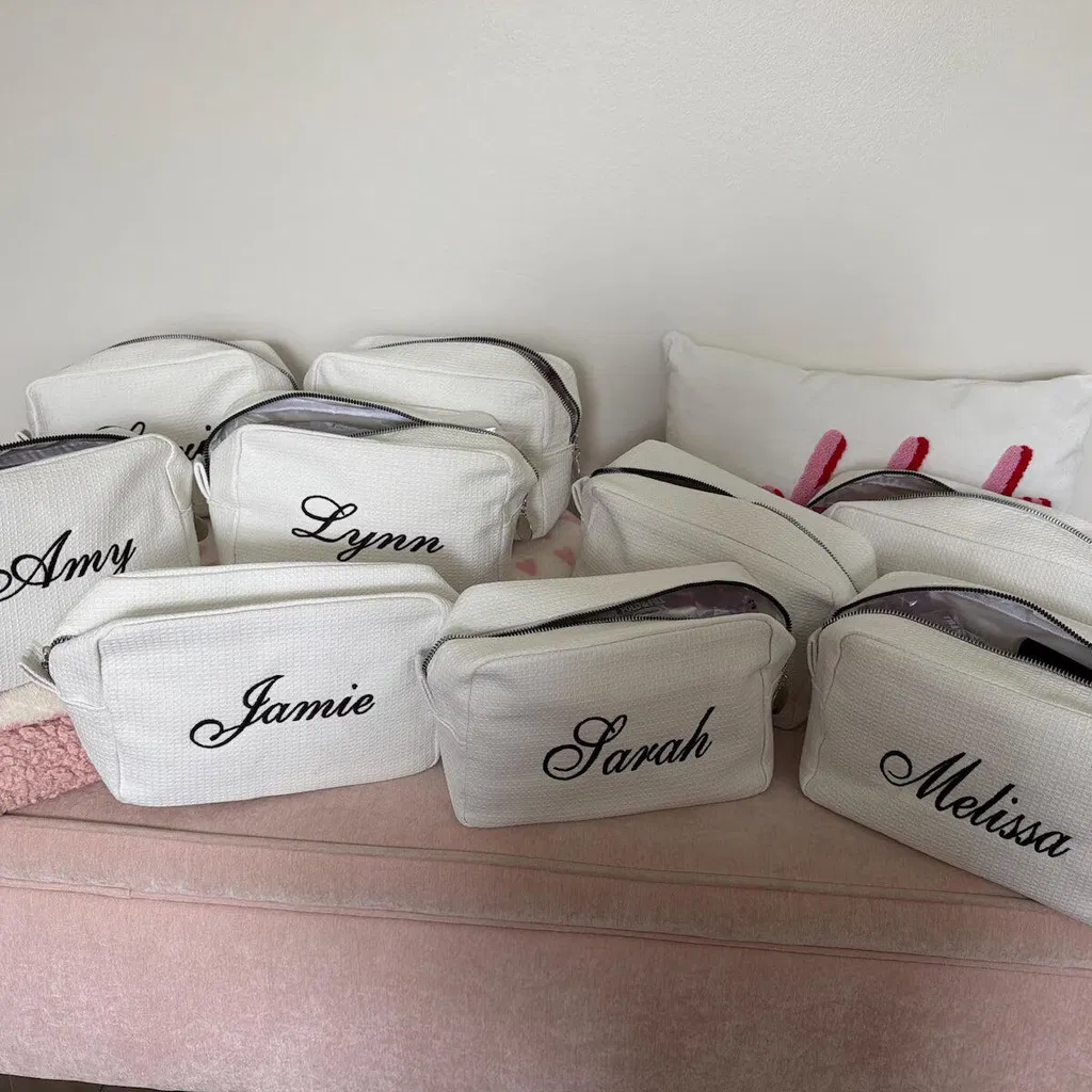 Personalized Bridesmaid Makeup Bag, Embroidered Waffle Cosmetic Bag, Bridal Shower Gift, Monogram Toiletry Bag