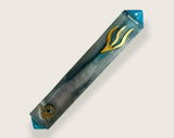 Epoxy Mezuzah in Blue & Gold with colorful Hamsa