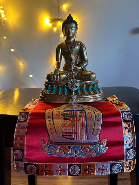 Full Gold-Plated Shakyamuni Buddha Statue with Tibetan Bead Inlays | Handmade Copper Buddhist Statue