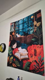 Girl & Cat Reading Corner Boho Wall Tapestry