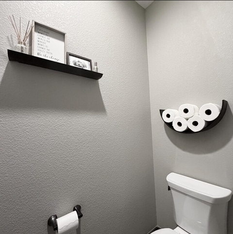 Customer photo of the SMILE toilet paper holder and curved floating shelf in Wenge