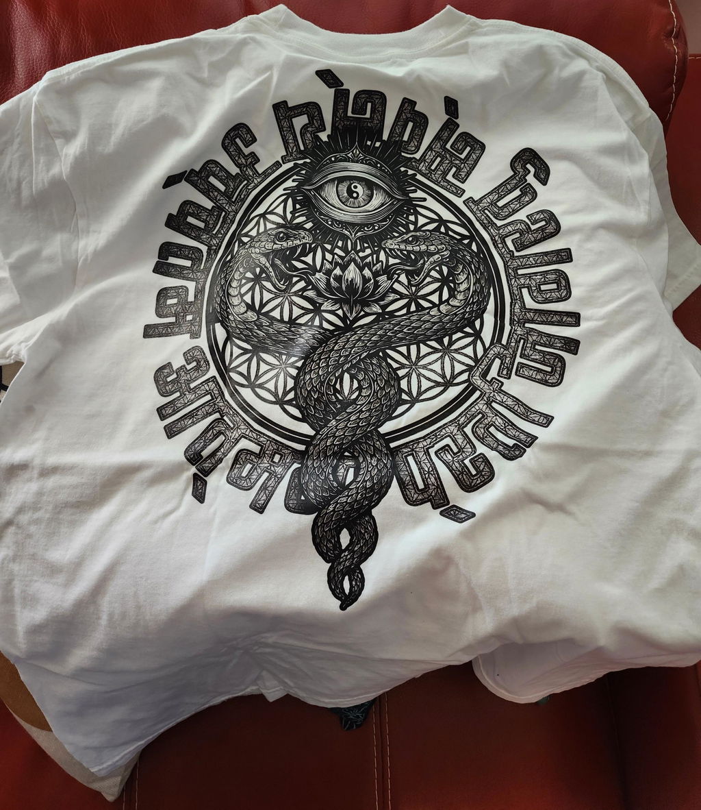 Customer photo of a detailed black print on a light Premium tee