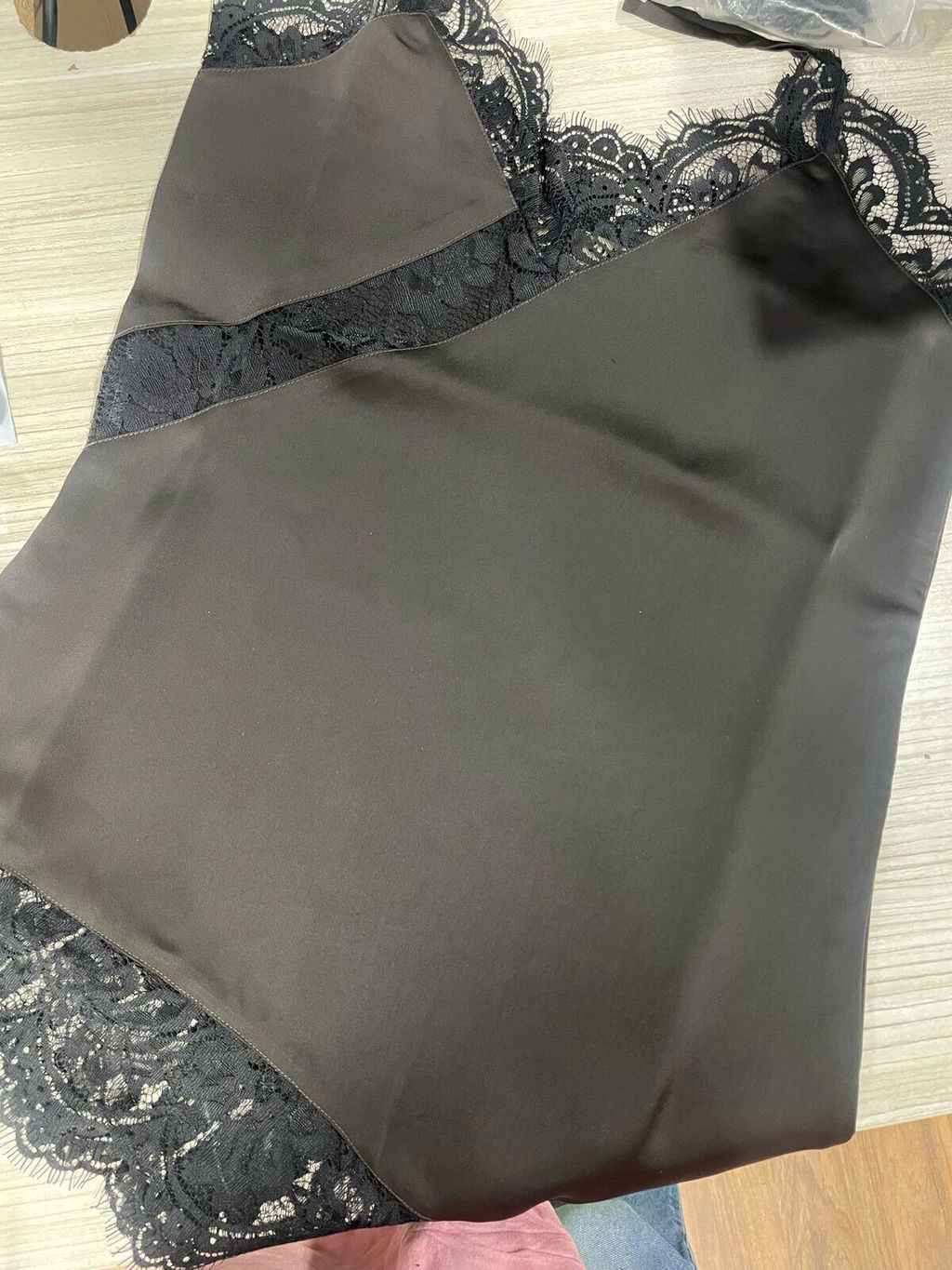 Premium Satin Brown Cami Top with Black Lace
