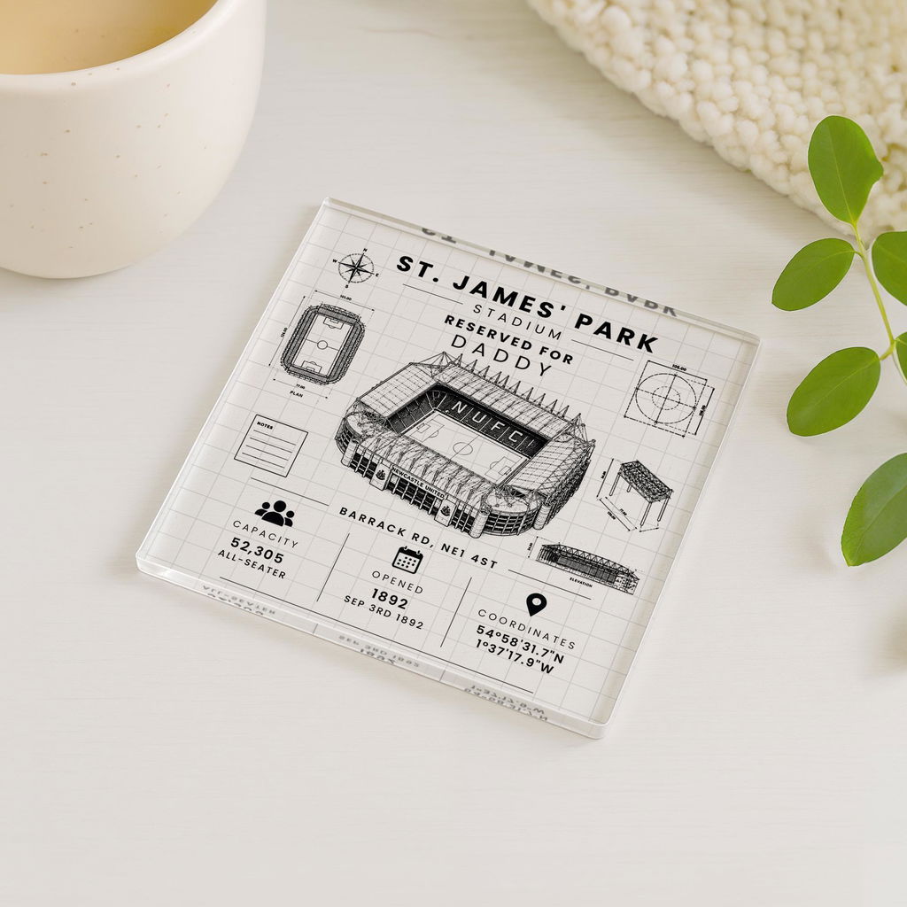 Personalised Newcastle St James Park Stadium Coaster Vintage Blueprint Birthday Gift for Him