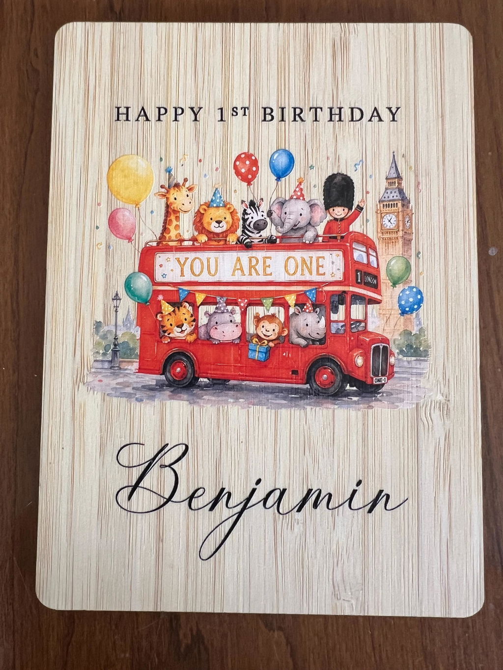 Personalised London Bus Safari Animals 1st Birthday Card Wooden Keepsake
