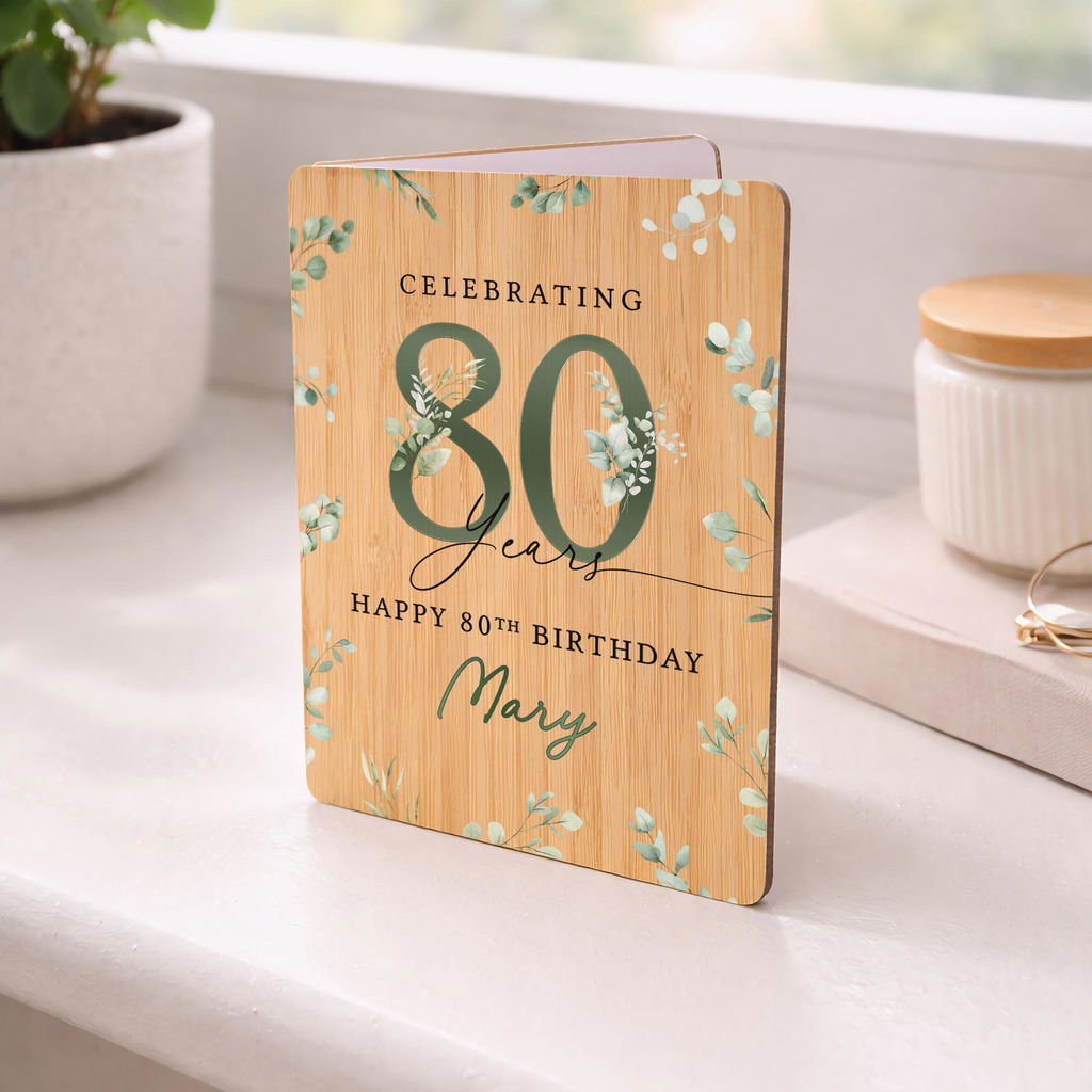 Personalised Green Floral 80th Birthday Card Wooden Keepsake