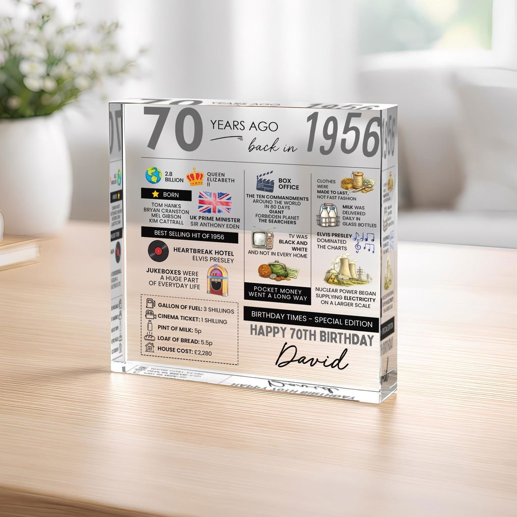 Personalised 70th Birthday Fun Facts Acrylic Plaque Born in 1956 Gift for Grandad Nan Grandma