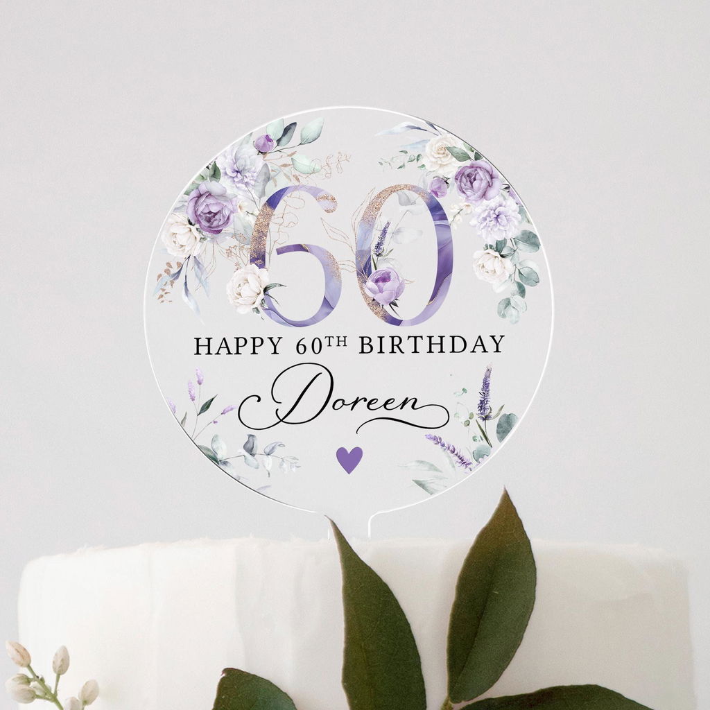 Personalised Purple Floral Happy Birthday Cake Topper - 18th 21st 30th 40th 50th 60th 70th Birthday