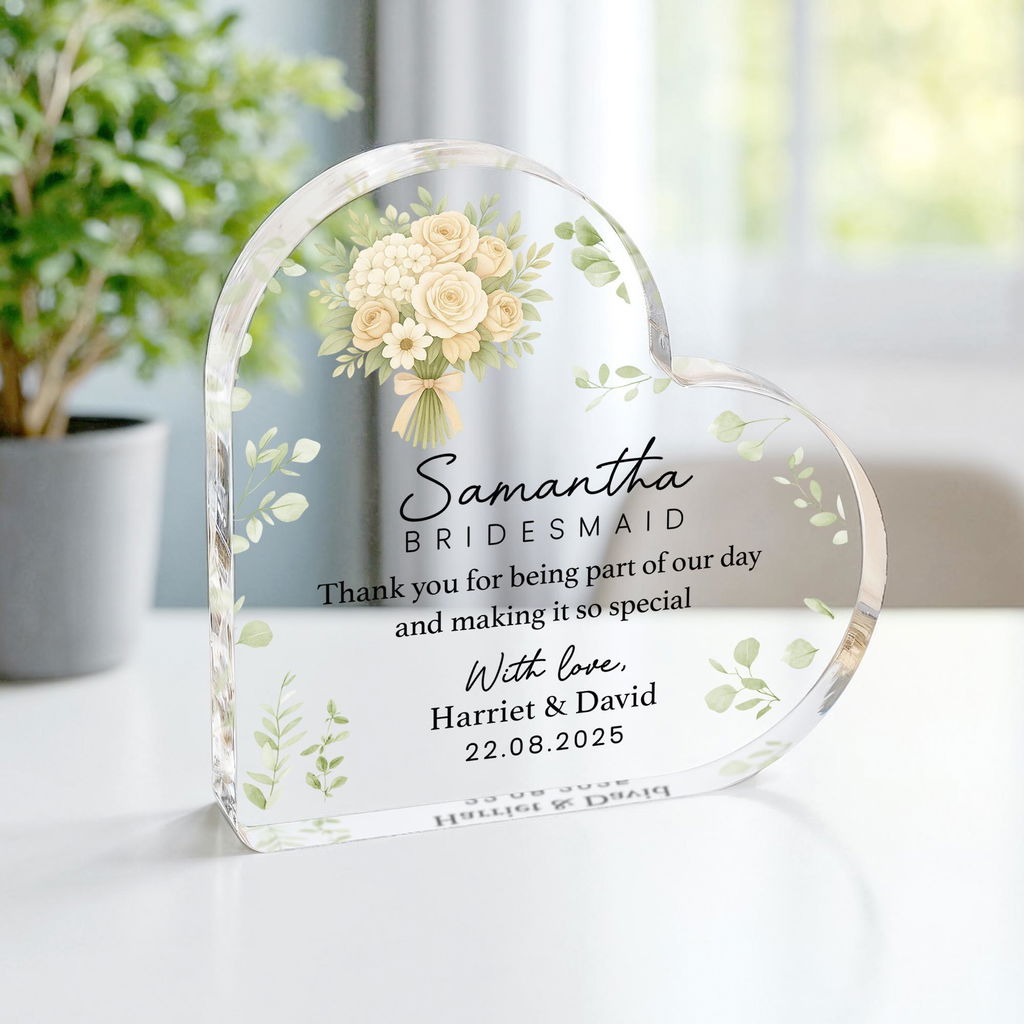 Personalised Bridesmaid, Maid of Honour, Flower Girl Thank You Heart Gift Plaque